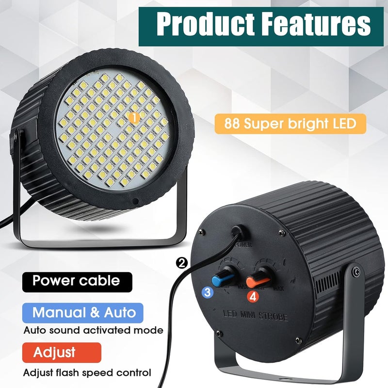 Funtery 4 Pcs Bright Halloween Strobe Light 88 LEDs Flash Party Lighting Sound and Speed Modes Flashing Stage Lights for Christmas Birthday Party Room Dance DJ Bar Karaoke Show Wedding(White) - Image 2